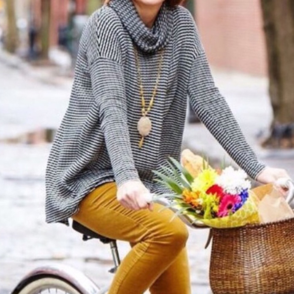CAbi Black and White Striped Cowl Neck Sweater